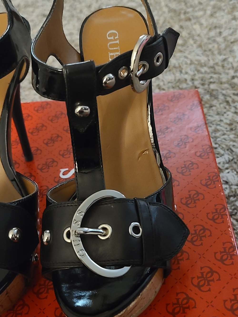 GUESS Black Patent Platform 5" Stiletto Heels Buckle Sandals Size 6 EUC - Picture 7 of 8